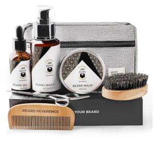 Kit para Barba Profissional Portátil com Cera e Pente, 6 Itens, BEARD REVERENCE, Preto