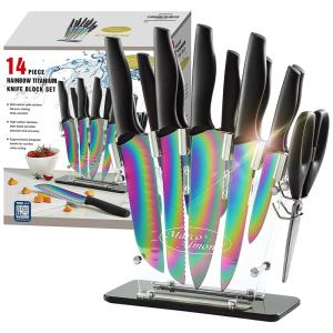 Conjunto de Facas em Aço Inoxidável com Bloco de Bancada, 14 Peças, MARCO ALMOND KYA35, Preto