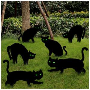 Kit Decoração para Halloween 6 Estacas de Gato Preto com Olhos Brilhantes no Escuro