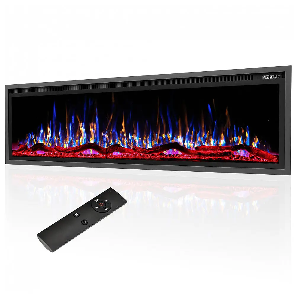 Lareira Elétrica de Embutir A49x182L cm com Controle Remoto, Temporizador de 8H, Toras e Cristal, 110V 1500W, Eueiriup, Preta
