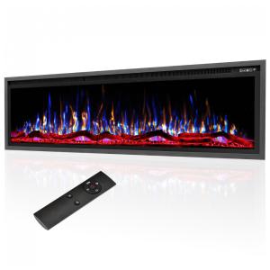 Lareira Elétrica de Embutir A49x182L cm com Controle Remoto, Temporizador de 8H, Toras e Cristal, 110V 1500W, Eueiriup, Preta