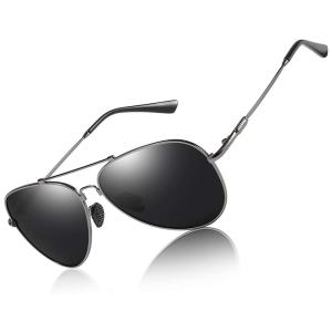 Óculos de sol polarizados Premium de metal aviador, unisex 100 proteção UV Lente cinza, WMAO 201905, Preto