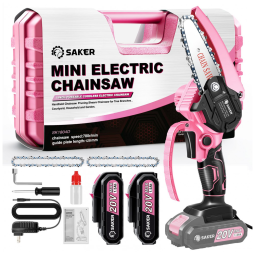 Motosserra Elétrica Portátil sem Fio para Poda de Galhos com 2 Baterias 20V e 3 Correntes, Saker, Rosa