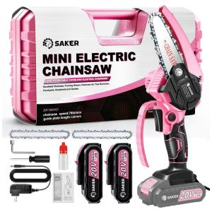 Motosserra Elétrica Portátil sem Fio para Poda de Galhos com 2 Baterias 20V e 3 Correntes, Saker, Rosa