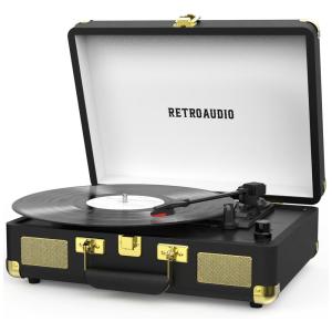 Toca-discos de Vinil Portátil Retro com Bluetooth 3 Velocidades em Maleta, Alto-falantes Estéreo Embutidos, Saída RCA - RetroAudio,
