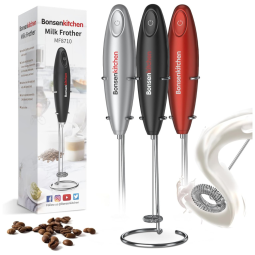 Espumador de Leite Elétrico a Bateria em Aço Inoxidável com Suporte, BONSENKITCHEN, Preto