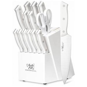 Conjunto de Facas em Aço Inoxidável com Bloco de Bancada e Afiador Embutido, 15 Peças, HD HUNTER.DUAL, Branco