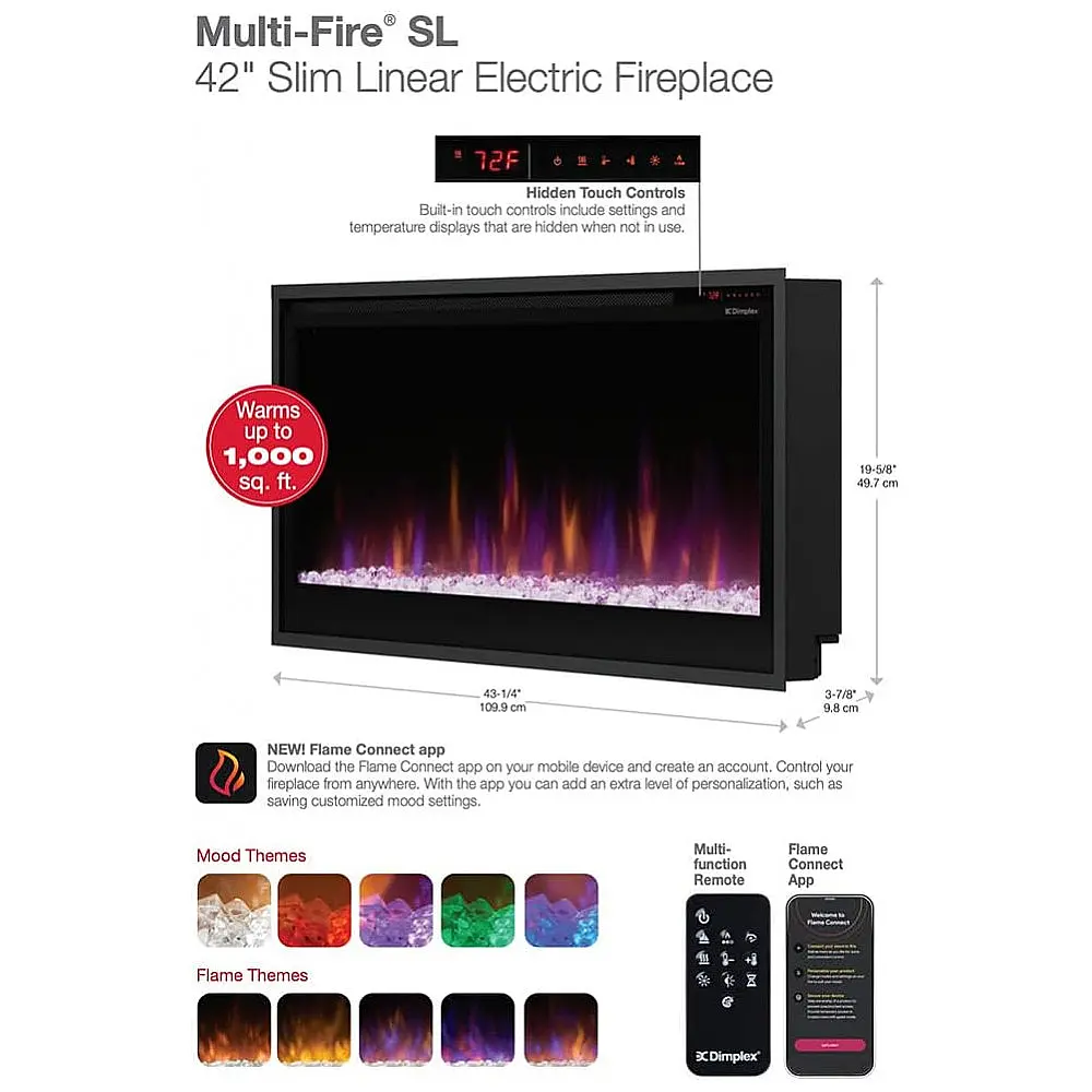 Lareira Elétrica Dimplex 107x50cm 1500W Multi-Fire Cristais LED Embutir 110V — foto 3