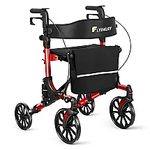 Cadeira de Rodas Portátil com Encosto Largo, Rodas 20cm, Suporte para Copo e Bengala, até 136 kg - Vermelho