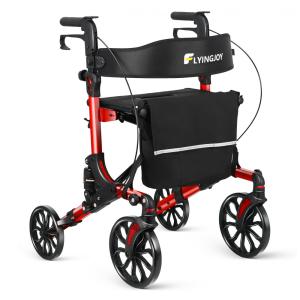 Cadeira de Rodas Portátil com Encosto Largo, Rodas 20cm, Suporte para Copo e Bengala, até 136 kg - Vermelho