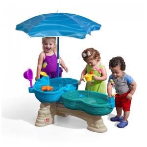 Mesa de Atividades Sensoriais Infantil Água, 2 Plataformas e Guarda Sol para Crianças de 1 a 5 Anos, Step2, Cinza e Azul