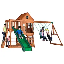 Playground Infantil com Parede de Escalada, Escorregador, Deck, 2 Balanços e Barra de Acrobacias, Backyard Discovery