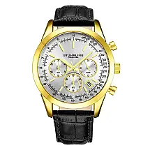 Relgio de pulso masculino Rialto 3975L com crongrafo de 44mm, mostrador prateado, acabamento em ouro e pulseira de couro preto com fivela