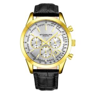 Relgio de pulso masculino Rialto 3975L com crongrafo de 44mm, mostrador prateado, acabamento em ouro e pulseira de couro preto com fivela