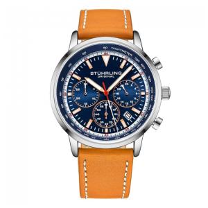 Relógio Stuhrling 3986L Cronógrafo 44mm Mostrador Azul Pulseira Couro Marrom Fivela Prateada