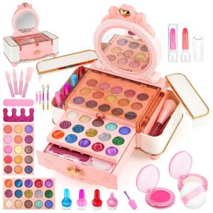 Kit de Maquiagem Infantil com 50 Peças e Caixa Estojo Portátil para Crianças de 3 a 12 Anos, Babbyo Princesa Casstle