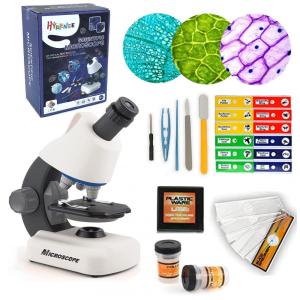 Kit Microscópio até 40 Zomm 1200x com Lâminas Preparadas e Luz LED Embutida para Crianças 5 a 12 Anos, HYRENEE, Branco