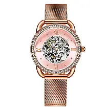 Relgio Feminino Automtico Stuhrling 3991M - Mostrador Rosa, Pulseira em Ao Inoxidvel com Fivela Dobrvel em Camadas de Ouro Rosa 36mm