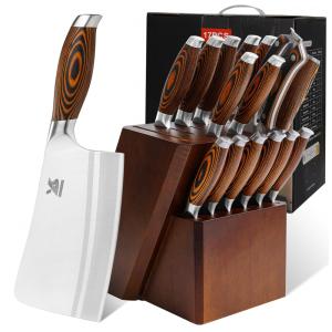 MSY BIGSUNNY Conjunto de Facas com Afiador Embutido e Bloco de Bancada 17 Peças, Marrom