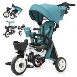 Triciclo Infantil Dobrável 7 em 1 com Alça Ajustável, Arnês de Segurança, Freios de Roda, Capota Removível e Armazenamento, JMMD, Verde