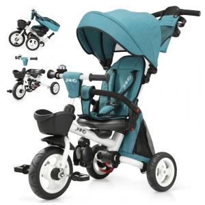 Triciclo Infantil Dobrável 7 em 1 com Alça Ajustável, Arnês de Segurança, Freios de Roda, Capota Removível e Armazenamento, JMMD, Verde
