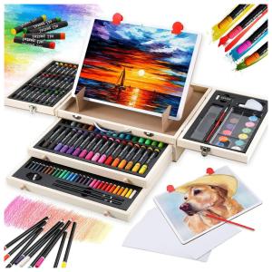 Kit Lápis de Cor Profissional Art 101 USA com Maleta de Madeira 127 peças Tintas Acrílicas, Aquarela, Marrom Claro