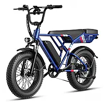 Bicicleta elétrica Jasion RetroVolt azul pneus 20"x4" suspensão dupla motor 1500W pico bateria 48V 13Ah 70 km autonomia 7 marchas 110V