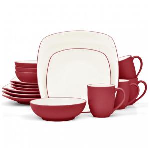 Aparelho de Jantar para Todas as Ocasiões com 16 Peças, Formato Quadrado e Material de Cerâmica, Noritake, Vermelho