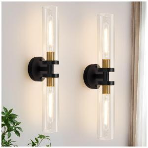 Arandelas de Parede para Banheiro em Preto e Dourado com Vidro Transparente, Conjunto de 2 Peças. Indoi