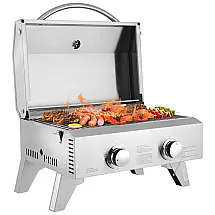 Churrasqueira a Gás Portátil com 2 Queimadores, 22000 BTU, ROVSUN, Prateado