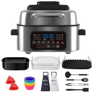 OHHO Panela Elétrica AirFryer com 7 Funções, 6L de Capacidade e Painel de Controle Digital, 110V, 1600W, Prata