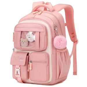 Mochila escolar PIG PIG GIRL rosa e bege estilo ita bag, 21,8 L, com múltiplos bolsos