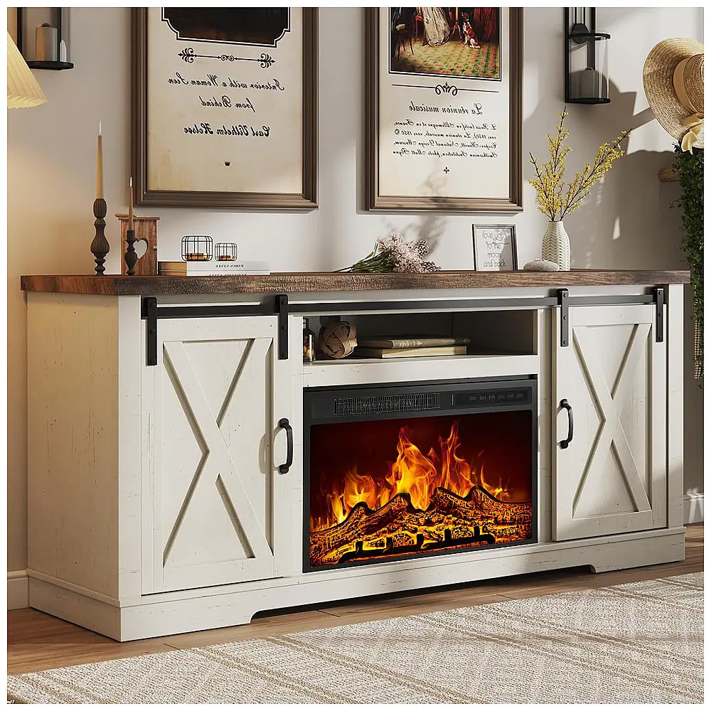 Rack TV Lareira Elétrica AMERLIFE 150x78cm 23pol Porta Deslizante Branco 110V