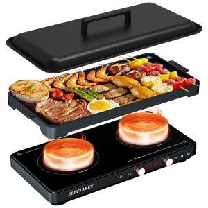 Cooktop de Indução Elétrico com 2 Queimadores, Frigideira Removível Antiaderente e Controle de Temperatura Independente, 110V 1800W