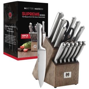 Conjunto de Facas em Aço Inoxidável com Bloco de Bancada, 15 Peças, MASTER MAISON, Prateado