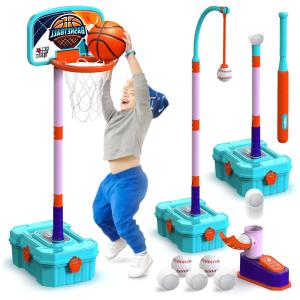 Cesta de Basquete 2 em 1 com Base de Armazenamento e Altura Ajustável de 54 cm a 1,2 Metros para Crianças de 3 a 5 Anos, Bitbeebin