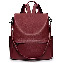 Mochila Feminina de Couro Vermelho Escuro S ZONE, Conversível em Bolsa de Ombro, Compacta e Estilosa