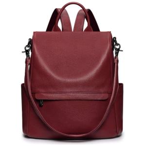 Mochila Feminina de Couro Conversível para Bolsa de Ombro, S ZONE, Vermelho Escuro
