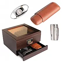 Humidor para Charutos Case Elegance Renzo Marrom com Tampa de Vidro, Isqueiro, Cortador e Estojo