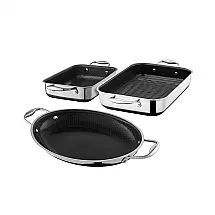 Conjunto de Assadeiras HexClad Híbrido 3 Peças Aço Inox Tri-ply Revestimento Cerâmico Livre de PFAS Pode ir ao Forno 482°C