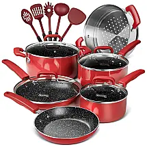 Conjunto de Panelas e Frigideiras Antiaderentes de Esmalte, 15 Peças, MICHELANGELO, Vermelho