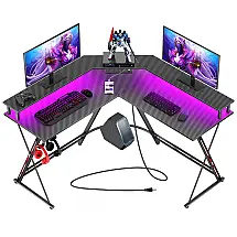Mesa Gamer 50.4" 128 cm com Superfície de Fibra de Carbono, Ganchos para Fones de Ouvido, Luz LED, Porta-Copos e Suporte para Monitor, 110V
