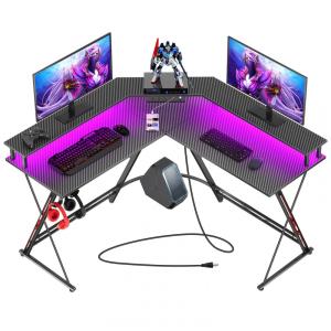 Mesa Gamer 50.4" 128 cm com Superfície de Fibra de Carbono, Ganchos para Fones de Ouvido, Luz LED, Porta-Copos e Suporte para Monitor, 110V