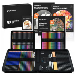Kit Lápis de Cor Profissional com Estojo 103 peças Tintas Acrílicas, Aquarela, SHUTTLE ART SA SS103, Preto