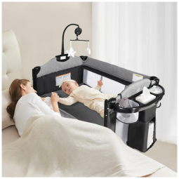 Berço Cercado Portátil 4 em 1 com Porta Objetos e Zíper Lateral, Kinder King, Cinza e Preto