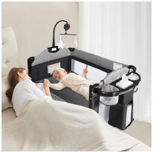 Berço Cercado Portátil 4 em 1 com Porta Objetos e Zíper Lateral, Kinder King, Cinza e Preto