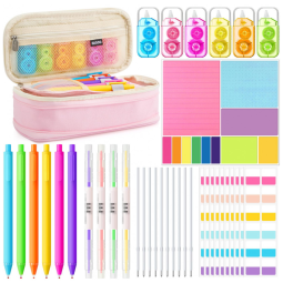 Kit escolar 38 peças Janlaugh neon com estojo, canetas em gel, marca-texto, fitas corretivas e bloco de notas adesivas