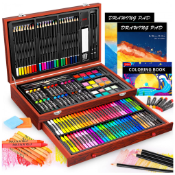 Art Supplies Kit Lápis de Cor Profissional com Maleta de Madeira 153 peças Tintas Acrílicas, Aquarela, CALIART, Marrom