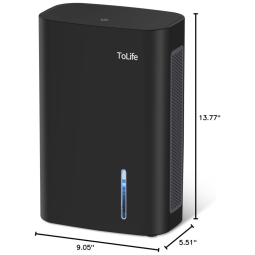 Desumidificador para Casa 1,8L com Desligamento Automático, Luz LED e Área 74m2, ToLife TZC4S, Preto