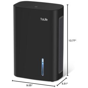 Desumidificador para Casa 1,8L com Desligamento Automático, Luz LED e Área 74m2, ToLife TZC4S, Preto